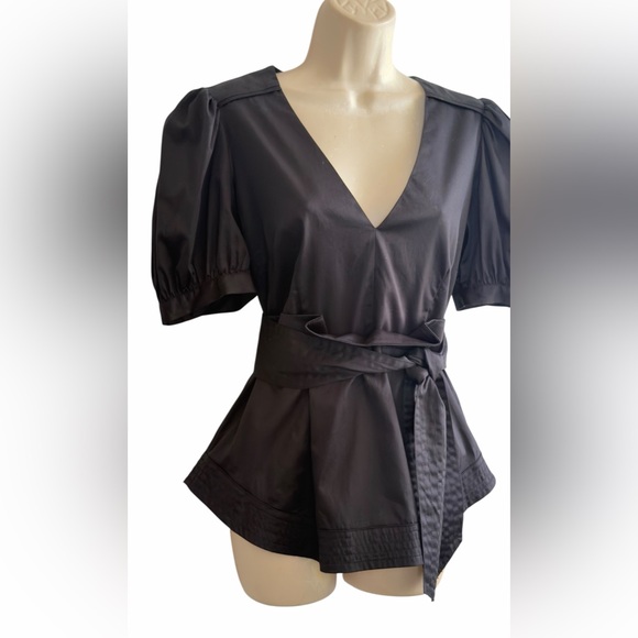 Veronica Beard Size 6 Cotton Spandex Black Belted Blouse V- Neck Puff Sleeve NEW - Picture 6 of 16